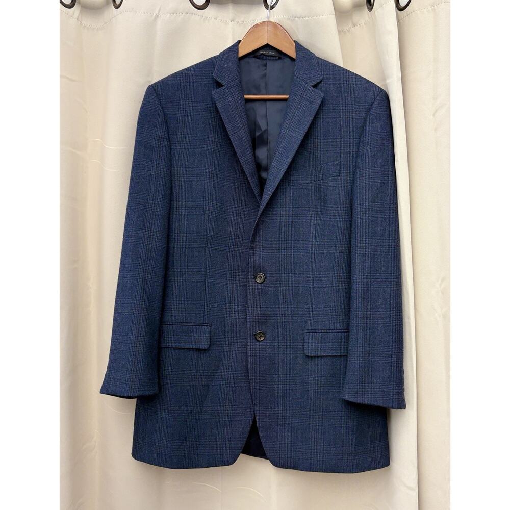Ralph Lauren LRL Suede Elbow Patch Wool Blazer Navy Blue Plaid Sport Coat 40L